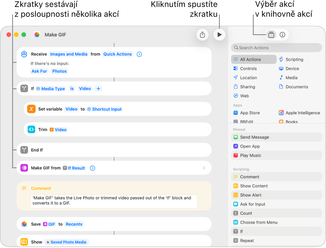 V editoru aplikace Zkratky vlevo jsou vidět akce ve zkratce Vytvořit GIF.