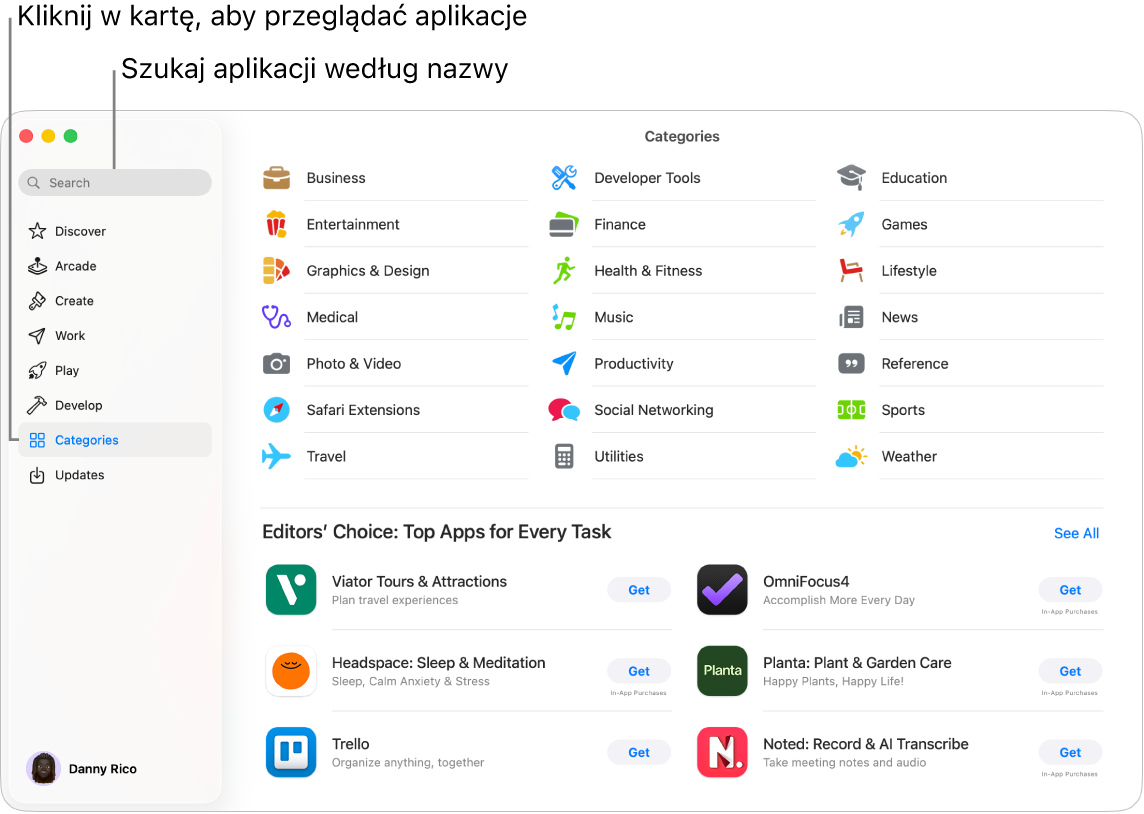 Okno App Store z polem wyszukiwania i kategoriami aplikacji.