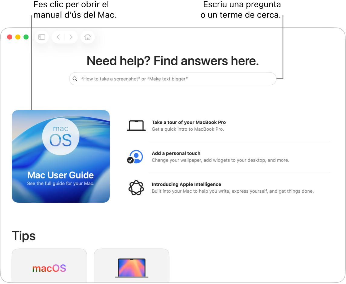 La pàgina d’inici de l’app Consells amb el manual d’ús del Mac, el camp de cerca i els temes suggerits.