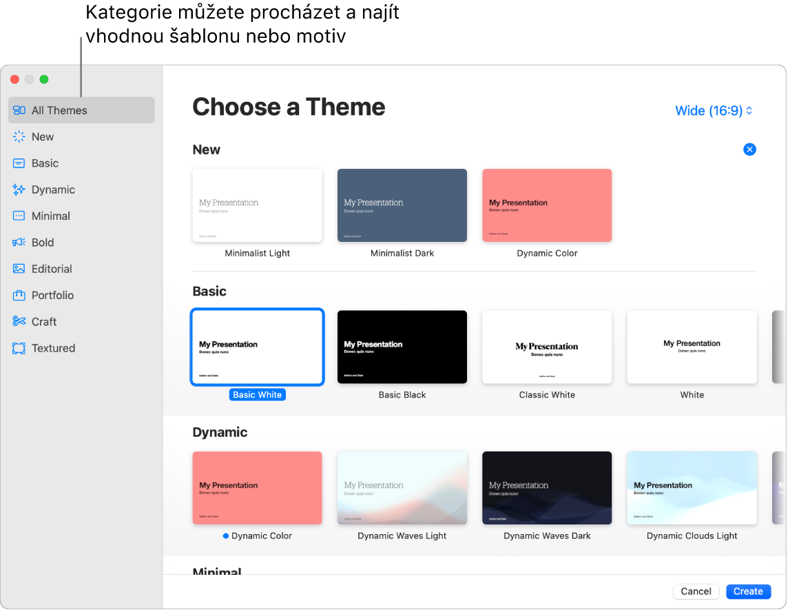 Okno aplikace Keynote s Prohlížečem šablon