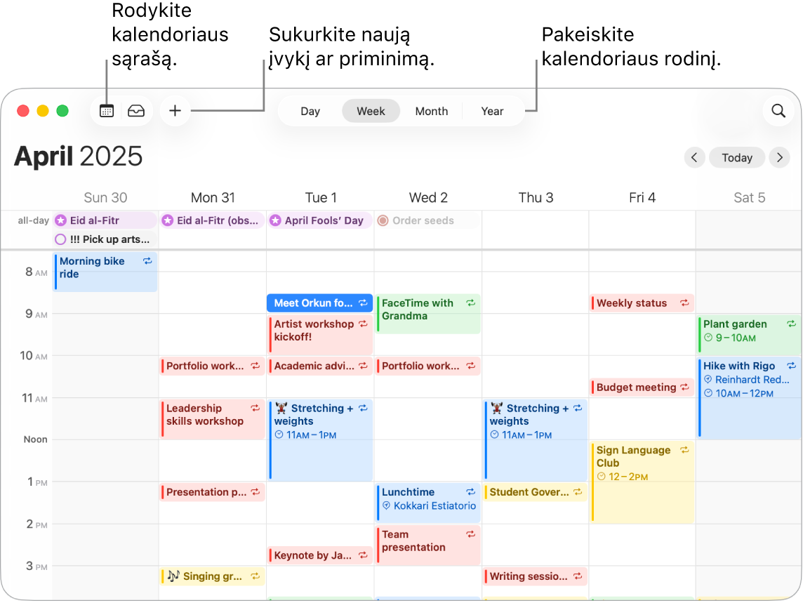 „Calendar“ langas, kuriame rodomi visi įvykiai ir tai savaitei suplanuoti priminimai. Rodyklės nurodo mygtukus, kuriuos paspaudus rodomas kalendoriaus sąrašas, sukuriamas įvykis arba priminimas, o rodinys pakeičiamas į „Diena“, „Savaitė“, „Mėnuo“ arba „Metai“.