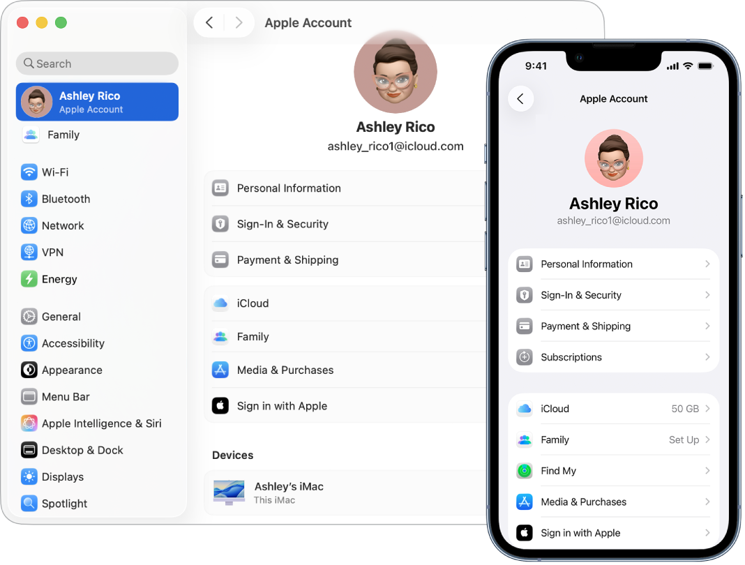 Configurările iCloud pe un iPhone și pe Mac.