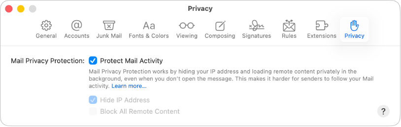 「郵件」的「設定」中的「私隱」面板。