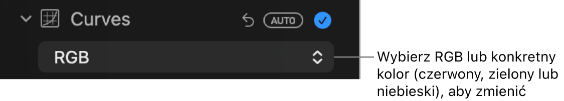 Narzędzia pod etykietą Krzywe w panelu Korekta. Widoczne jest menu podręczne z wybraną opcją RGB.