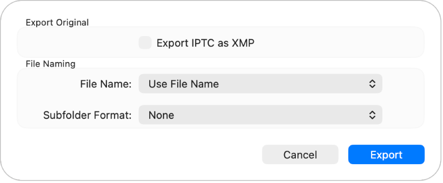 Uma caixa de diálogo a mostrar as opções para exportar ficheiros de fotografia com o formato original.
