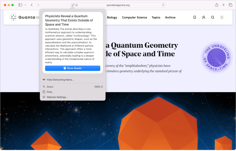 La app Safari mostrando los resaltados de un artículo de física.
