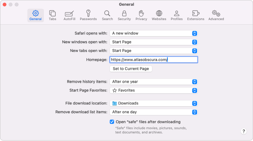 Ajustes generales de las páginas web de Safari, con la página web actual seleccionada como página de inicio.