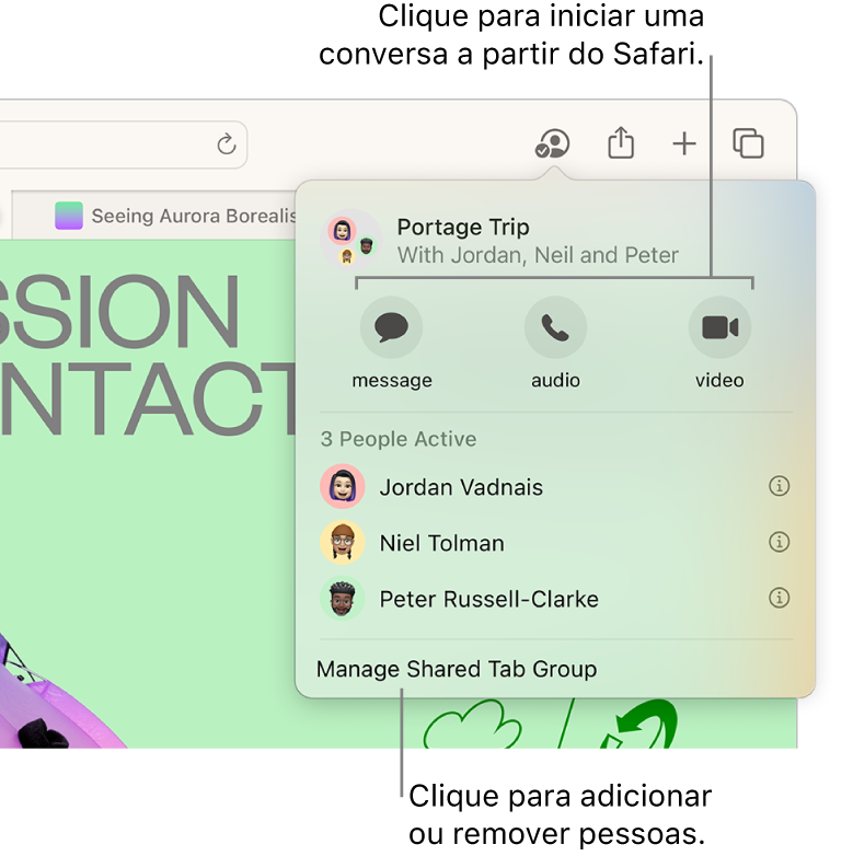 Uma janela com uma lista de pessoas em um Grupo de Abas Compartilhado.