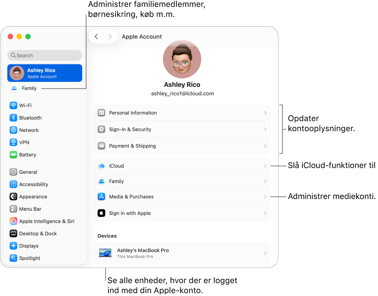 Indstillingerne til Apple-konto i Systemindstillinger med billedforklaringer til at opdatere kontooplysninger, slå iCloud-funktioner til og fra, administrere mediekonti samt justere indstillingerne til Familie, hvor du kan administrere familiemedlemmer, børnesikring, køb m.m.