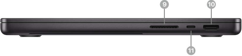 Lado derecho de un MacBook Pro con la ranura para tarjetas SDXC, el puerto Thunderbolt (USB-C) y el puerto HDMI.