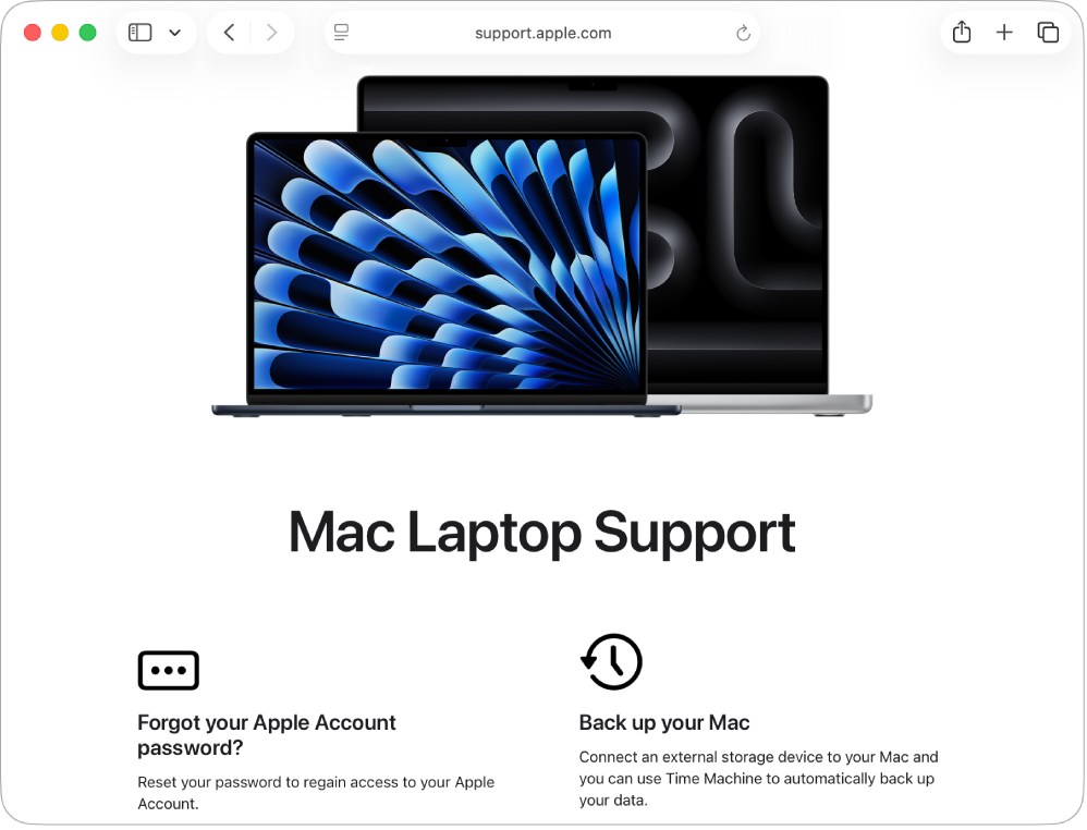 Fenêtre Safari affichant le site web Assistance pour les ordinateurs portables Mac.