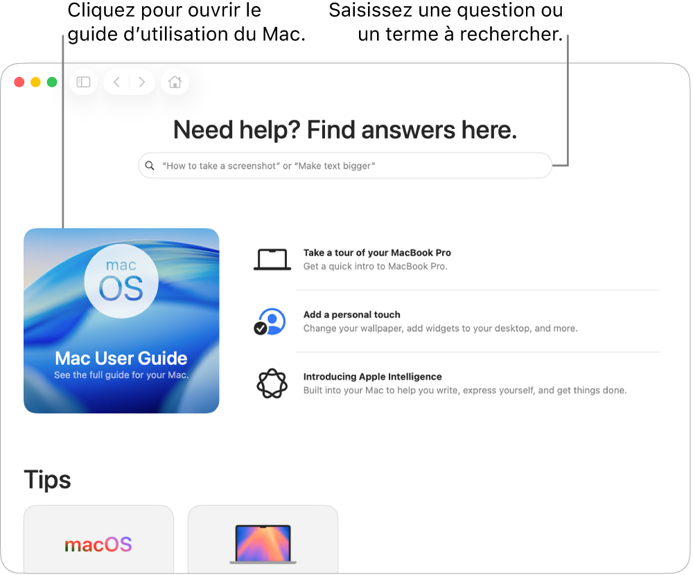 La page d'accueil de l’app Astuces affichant le guide d'utilisation du Mac, le champ de recherche et des rubriques suggérées.