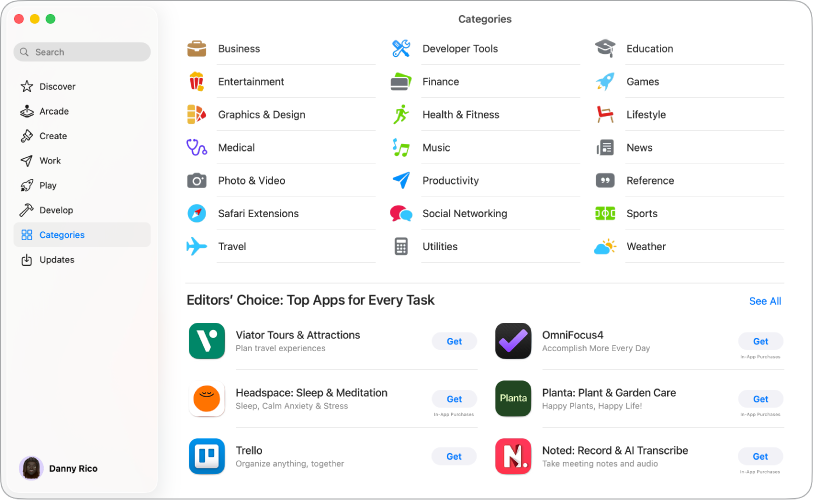 La fenêtre de l’App Store affichant le champ de recherche et les catégories d’apps.