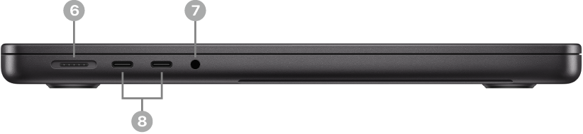 Côté gauche d’un MacBook Pro, avec le port MagSafe 3, les deux ports Thunderbolt (USB-C) et la prise audio de 3,5 mm.