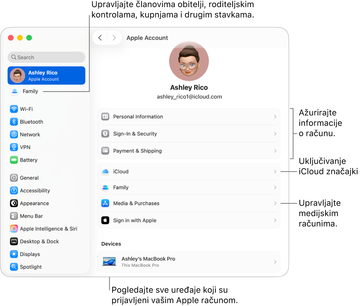 Postavke Apple računa u Postavkama sustava s oblačićima za ažuriranje informacija o računu, uključivanje ili isključivanje značajki iClouda, upravljanje medijskim računima i podešavanje postavki Obitelji, gdje možete upravljati članovima obitelji, roditeljskim kontrolama, kupnjama i ostalim.