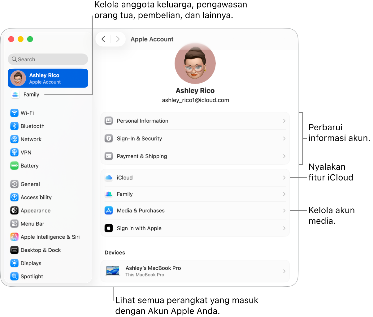 Pengaturan Akun Apple di Pengaturan Sistem dengan keterangan untuk memperbarui informasi akun, menyalakan atau mematikan fitur iCloud, mengelola akun media, dan menyesuaikan pengaturan Keluarga, tempat Anda dapat mengelola anggota keluarga, pengawasan orang tua, pembelian, dan lainnya.