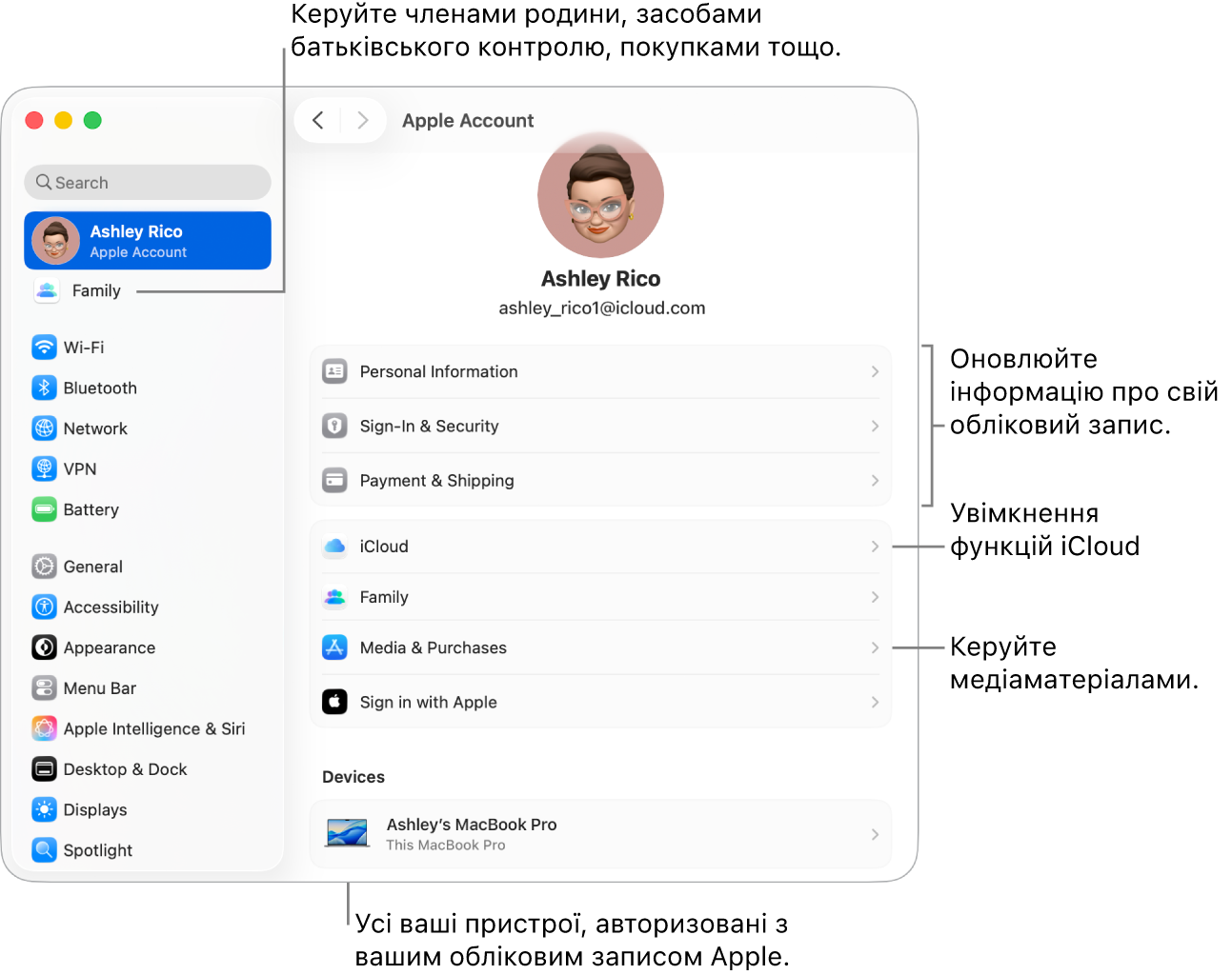 Параметри облікового запису Apple у Системних параметрах із виносками для оновлення інформації про обліковий запис, увімкнення та вимкнення функцій iCloud, керування обліковими записами в соцмережах, а також розділ «Родина», у якому можна керувати учасниками родини, батьківським контролем, покупками тощо.