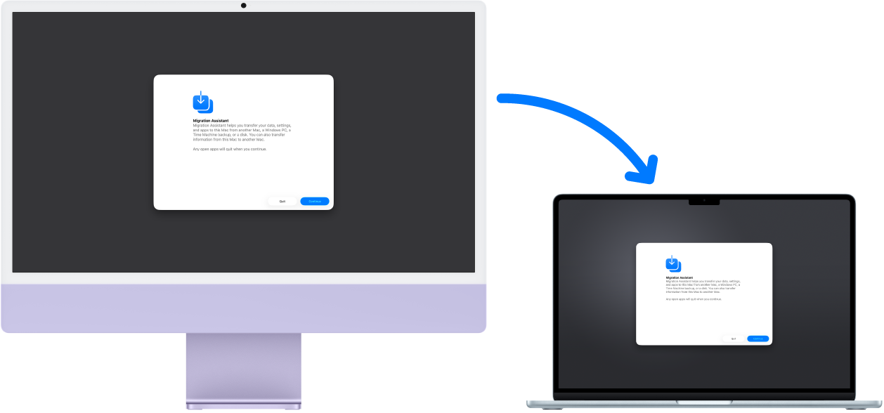 Un iMac et un MacBook Air affichant tous les deux l’écran « Assistant migration ». Une flèche allant de l’iMac au MacBook Air indique que des données sont transférées de l’un à l’autre.