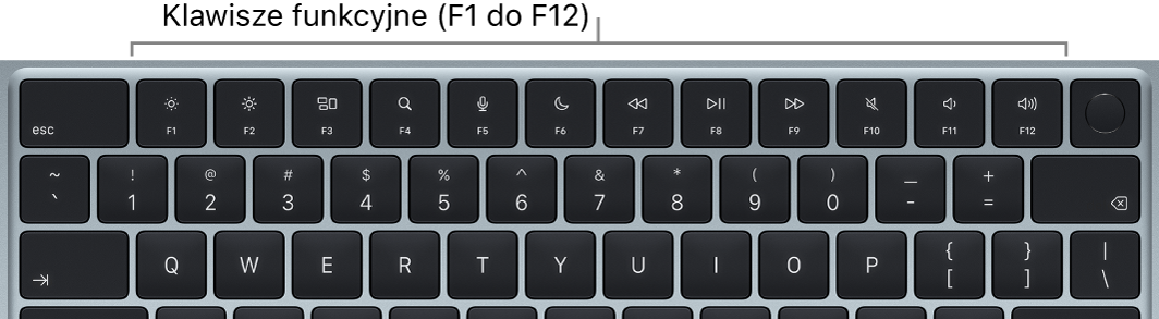 Klawiatura MacBooka Air z widocznym górnym rzędem klawiszy funkcyjnych.