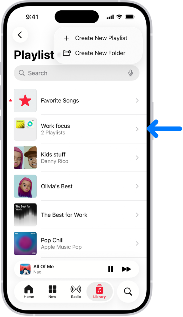 লাইব্রেরি ট্যাবে প্লেলিস্টের তালিকা দেখানো হচ্ছে। উপরের দিকে “নতুন প্লেলিস্ট তৈরি” বা ”নতুন ফোল্ডার তৈরি” করার জন্য বাটন রয়েছে। একটি নীল রঙের তিরচিহ্ন দিয়ে “কাজ” ফোকাস নামে একটি প্লেলিস্ট ফোল্ডার নির্দেশ করা হচ্ছে।