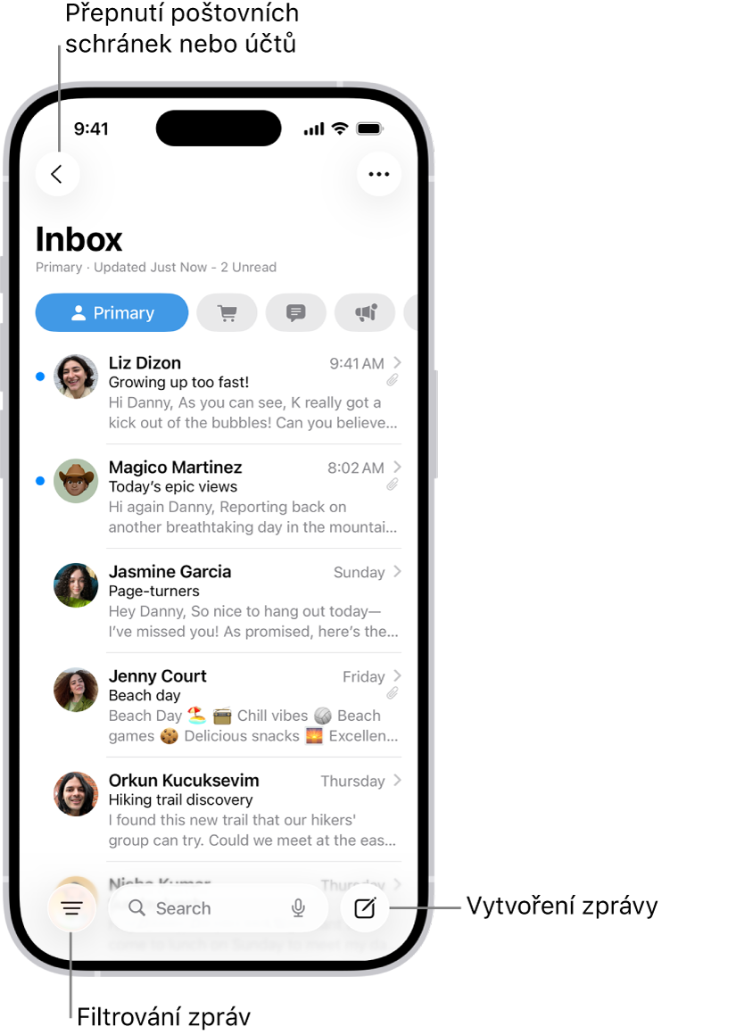 Schránka Příchozí v aplikaci Mail se seznamem e‑mailů.