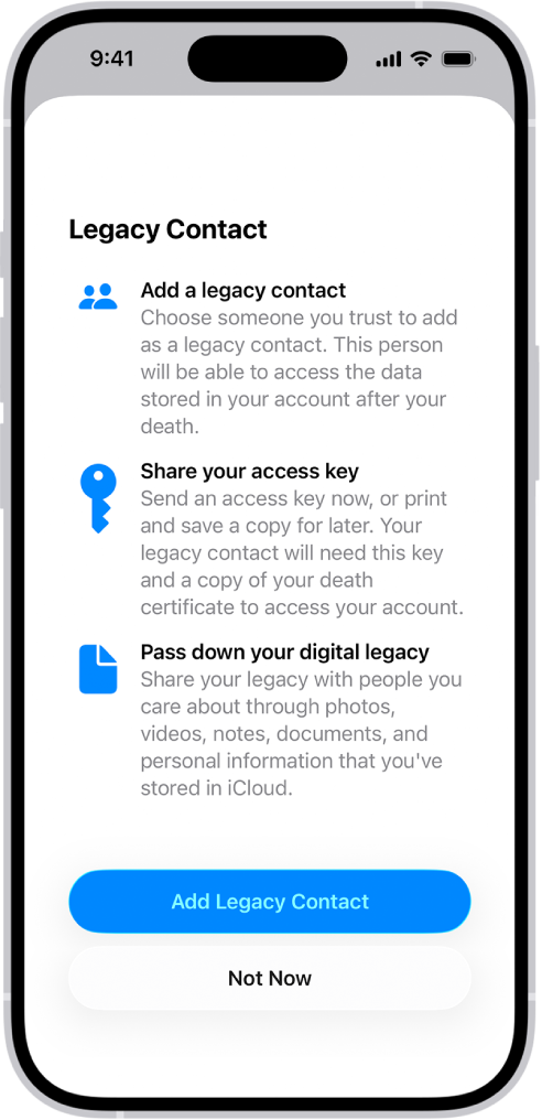 The Add Recovery Contact screen showing suggested contacts to select as a recovery contact, and the option to choose someone else.