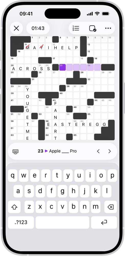 Une grille de mots croisés partiellement remplie, avec des commandes au-dessus ainsi qu’un clavier ouvert dans la partie inférieure.