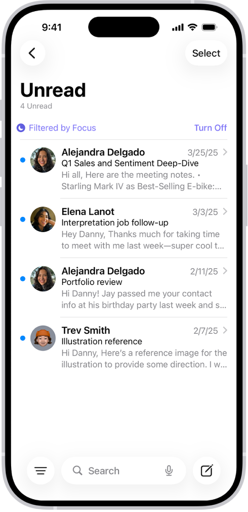Dolazni sandučić s prikazom popisa poruka. Iznad popisa poruka nalazi se oznaka Filtrirano fokusom, a s desne strane nalazi se opcija Isključi.