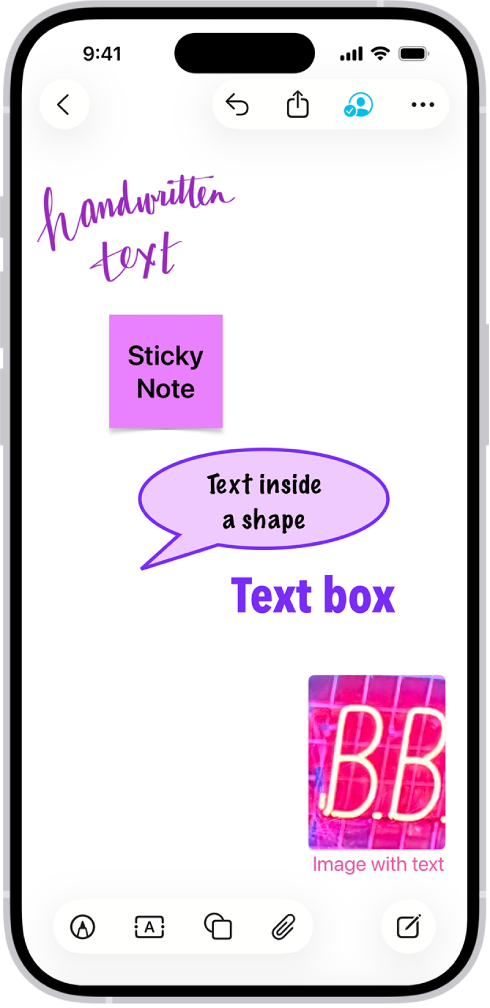 Egy Freeform-tábla különféle szövegekkel, amelyek rajz, öntapadós jegyzet, alakzat, szövegdoboz és kép formájában vannak megjelenítve.