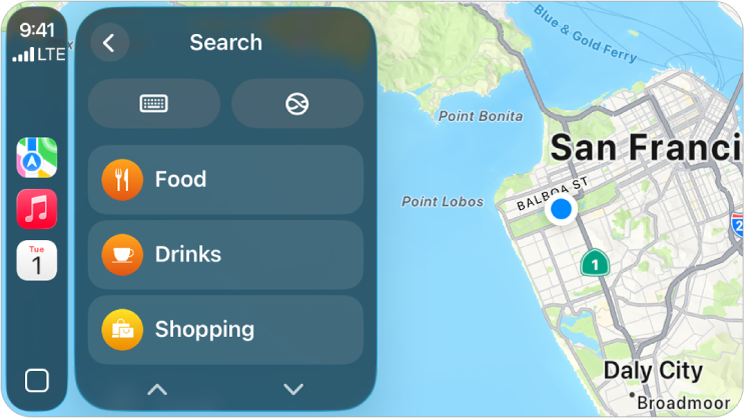Skrin CarPlay menunjukkan peta San Francisco. Di sebelah kanan ialah butang lokasi, 3D, laporkan bahaya dan zum. Di bahagian bawah ialah butang Cari dan Destinasi.