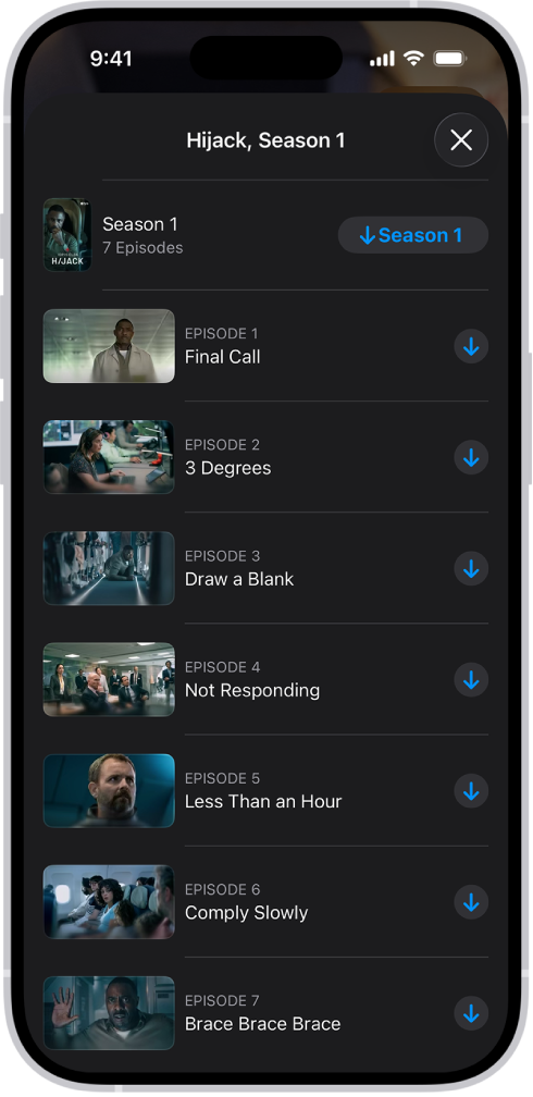 Het tabblad 'Apple TV', met een lijst met afleveringen van een Apple Original. Aan de rechterkant van het scherm staan knoppen voor het downloaden van het volledige seizoen en afzonderlijke afleveringen.