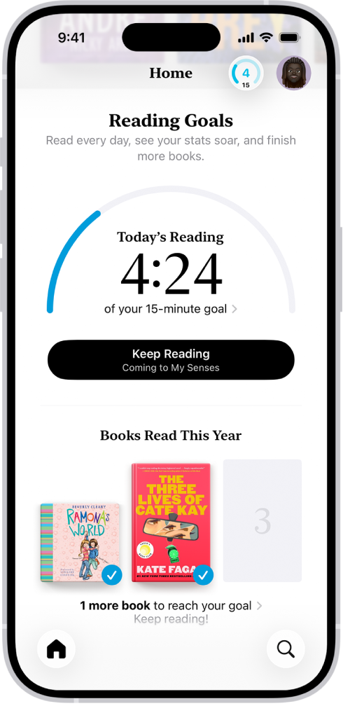 Het scherm 'Leesdoelen', met daarin statistieken voor de gebruiker, zoals wat je vandaag hebt gelezen, je leeslijst voor de week en de boeken die je dit jaar hebt gelezen. Onderin staan de tabs 'Home' (geselecteerd), 'Bibliotheek', 'Book Store', 'Audioboeken' en 'Zoek'.