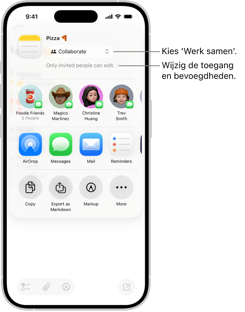 Een uitnodiging om samen te werken aan een recept in Notities, met 'Werk samen' als deeloptie en 'Alleen personen die zijn uitgenodigd, kunnen wijzigingen aanbrengen' als de instelling voor toegang en bevoegdheden. Daaronder staat een rij met vier mogelijke ontvangers, waaronder een groep. Op de volgende rij staan verschillende manieren om de notitie te delen: AirDrop, Berichten, Mail en Herinneringen.
