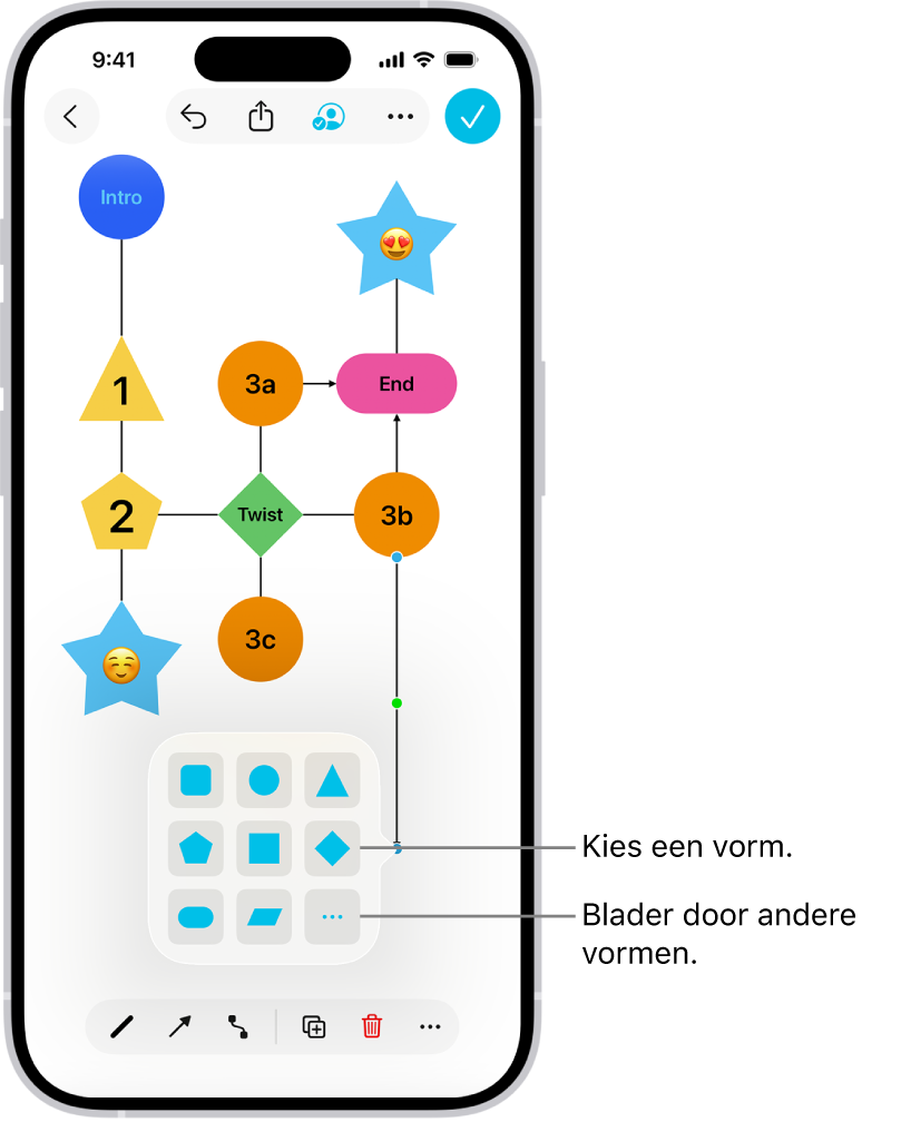 Een diagram op een Freeform-bord waaraan een nieuwe vorm is toegevoegd.
