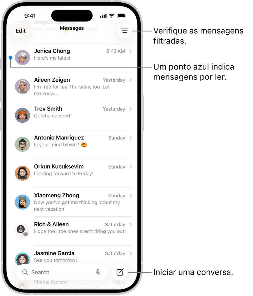 A lista de conversas da aplicação Mensagens, com o botão “Compor” na parte inferior direita. Um ponto azul à esquerda de uma mensagem indica que esta não foi ainda lida.