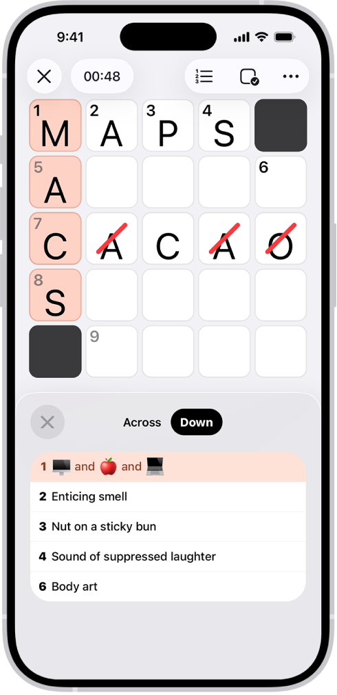 பகுதியளவு நிரப்பப்பட்ட ஒரு குறுக்கெழுத்து மினி புதிர் உள்ளது, அதற்கான க்ளூக்கள் கீழே திறந்து காட்டப்பட்டுள்ளன.