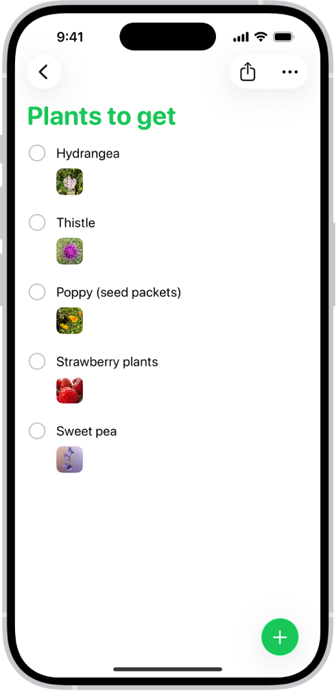 రిమైండర్స్ యాప్ ప్రతి రిమైండర్లో ఫోటోలతో కూడిన జాబితాను చూపుతుంది.