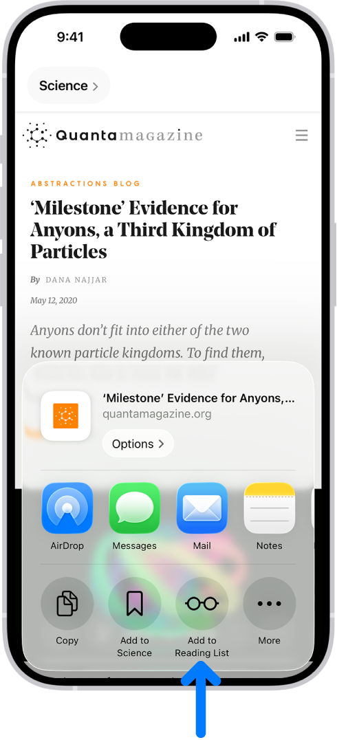 У Safari на вебсторінці торкнули кнопку «Поширити»; видно список опцій, зокрема «Додати до Читанки».
