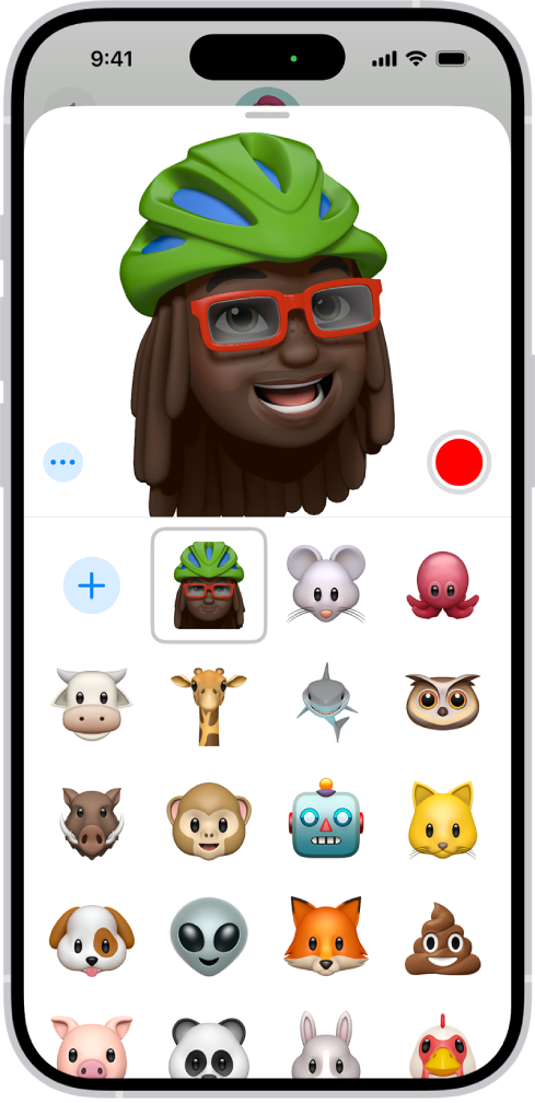 「訊息」中的 Memoji 窗格。最上方的動態 Memoji 呈現使用者的臉部表情。錄製按鈕顯示在動態 Memoji 的右側。螢幕底部提供其他 Memoji 選項,以及用於新增 Memoji 的按鈕。