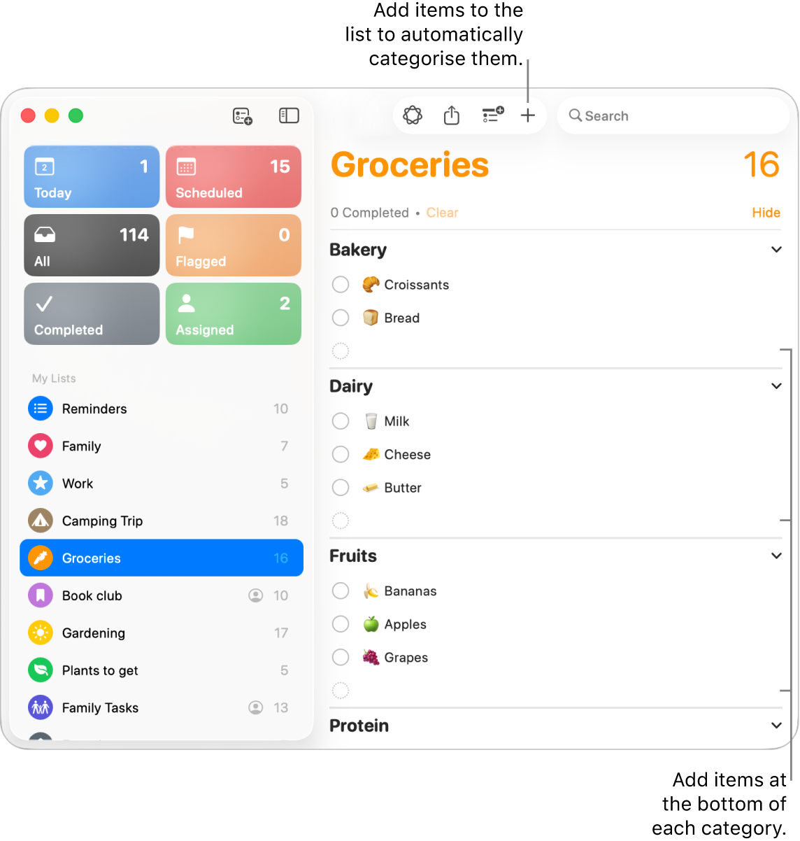 A shopping list with items listed in three categories. There are empty fields at the bottom of each category to add items.