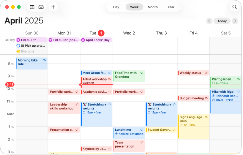 Una ventana de Calendario con los eventos y recordatorios programados de la semana.