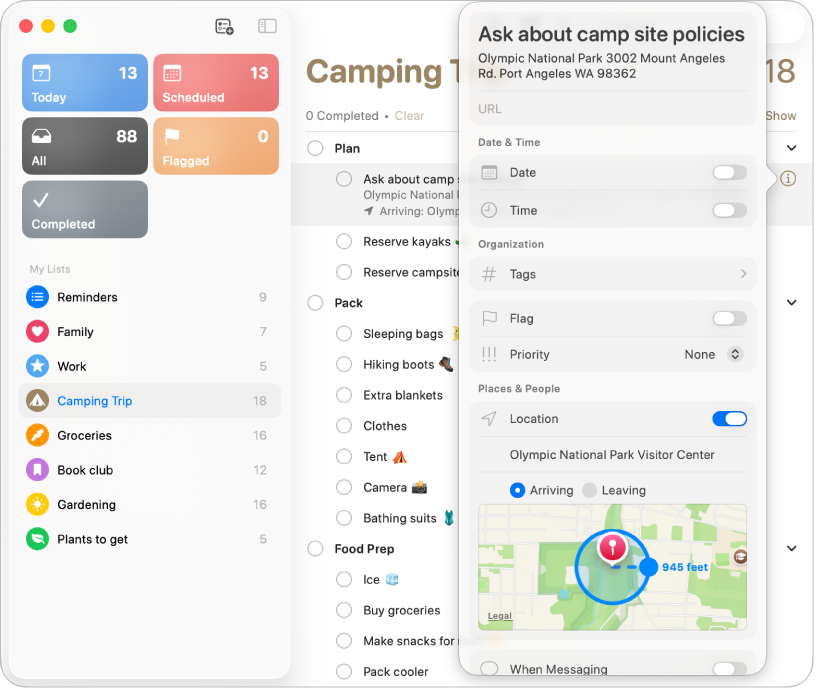 Une fenêtre de l’app Rappels et une liste intitulée « Articles pour la sortie camping » affichant les détails d’un rappel indiquant à l’utilisateur de demander les règles du camping.