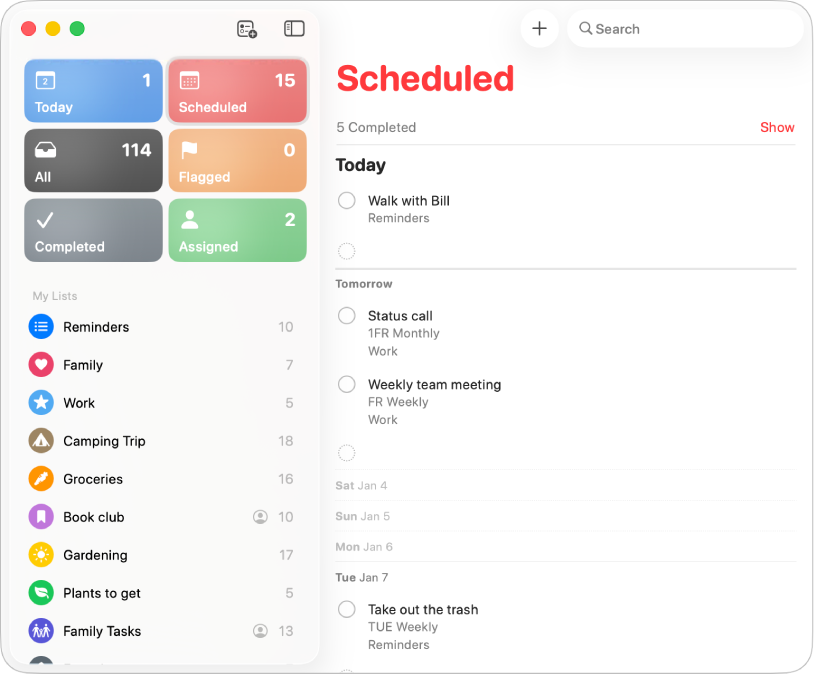 Une fenêtre de l’app Rappels avec la liste intelligente Programmés contenant des rappels programmés pour aujourd’hui, demain et le 7 janvier.