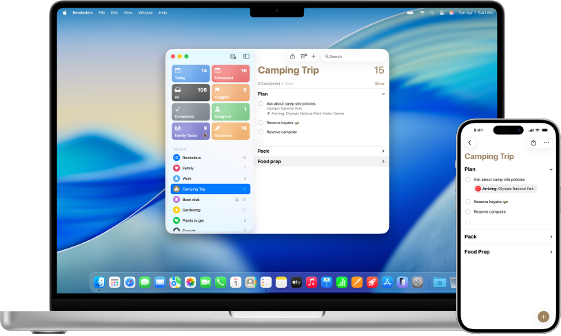 App Pengingat di Mac dan iPhone yang menampilkan daftar pengingat yang sama.