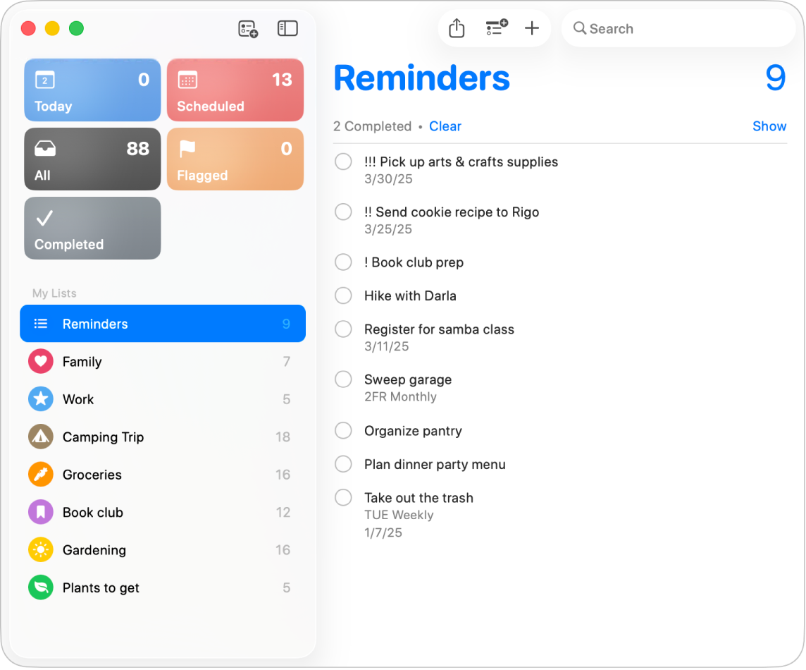 「提醒事項」視窗的側邊欄中顯示來自 iCloud 帳户的提醒事項列表。