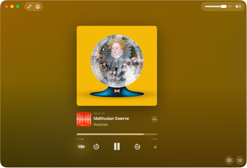 The Apple Podcasts app on a Mac, showing the Now Playing screen. At the bottom of the Podcasts window are the playback speed, rewind, pause/play, fast-forward and sleep timer buttons.
