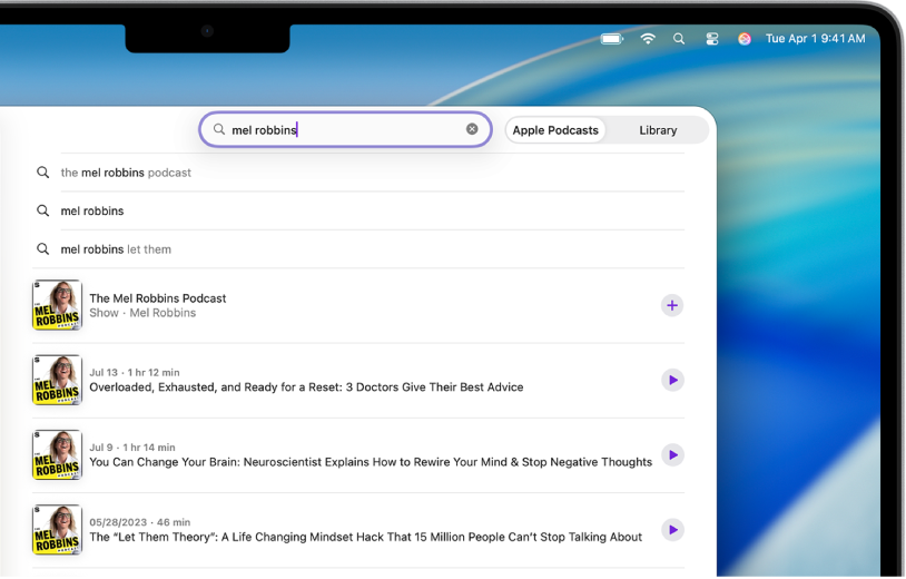 La ventana de Apple Podcasts mostrando una solicitud de búsqueda y una lista de resultados.