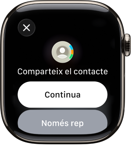 La pantalla del NameDrop amb dos botons: “Continua”, que serveix per rebre un contactes i per compartir el teu, i “Només rep”, que serveix per rebre només la informació de contacte d’una altra persona.