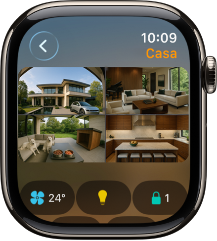 Pantalla de l’app Casa amb les vistes de quatre càmeres. A la part inferior hi ha els botons per controlar la climatització, els accessoris d’il·luminació i els panys.