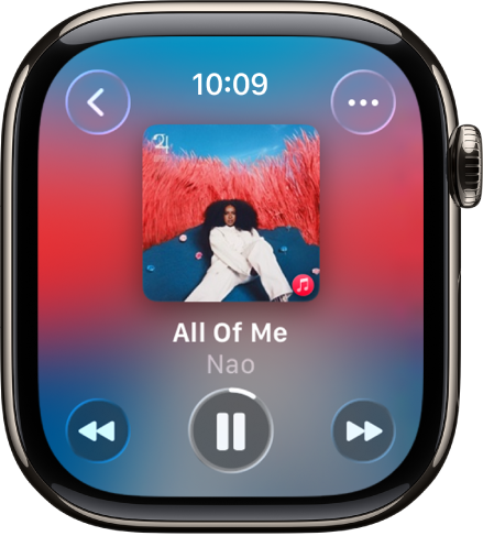 Pantalla de l’app Ara Sona amb la il·lustració de l’àlbum i, a sota, el títol de la cançó i el nom de l’artista. Els controls multimèdia són a la part inferior. A la part superior dreta hi ha el botó “Més opcions”. El botó “Enrere” és a la part superior esquerra.